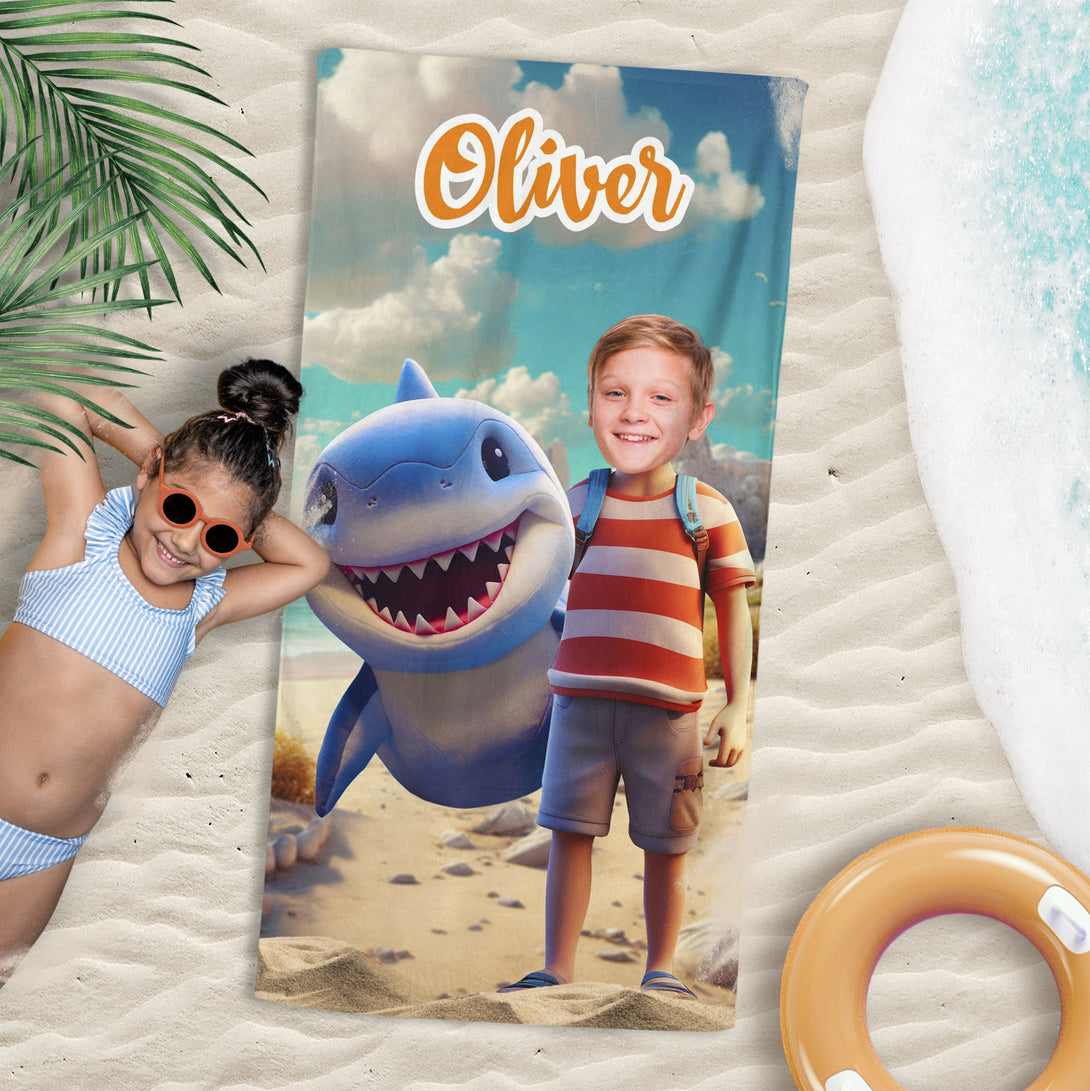 Shark and Boy Personalized Face Pool Bath Towel - Custamazegifts.com 