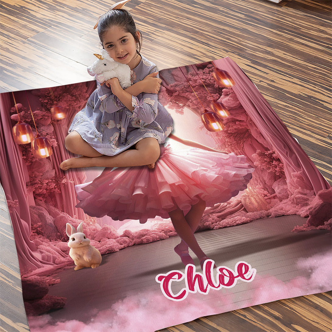 Photo Blanket Ballerina Girl Kids Custom Face Name Gifts, Ballet Picnic Blanket for Her - Custamazegifts.com 