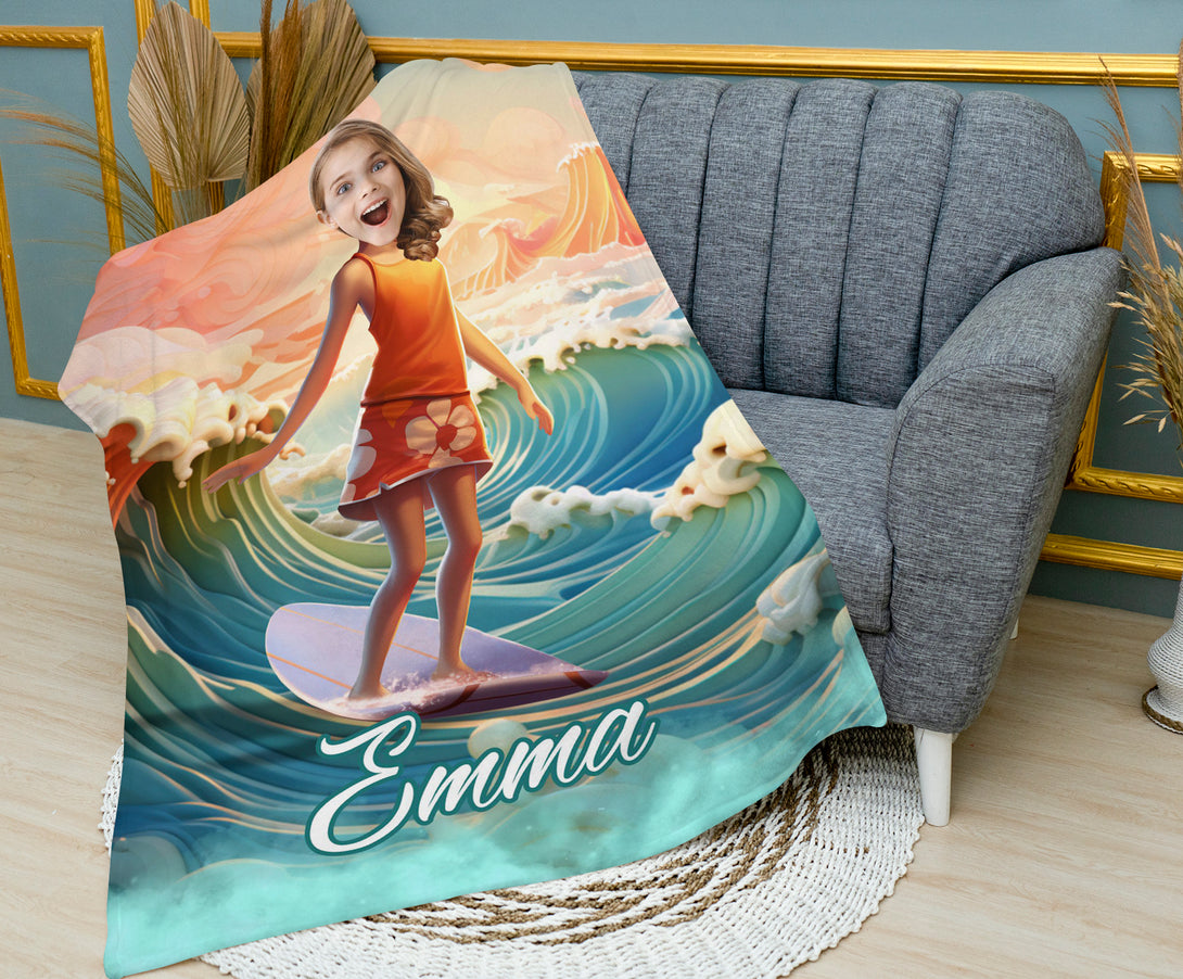 Surfing Girl Personalized Blanket from Photo, Surf Themed Birthday Gifts for Her - Custamazegifts.com 