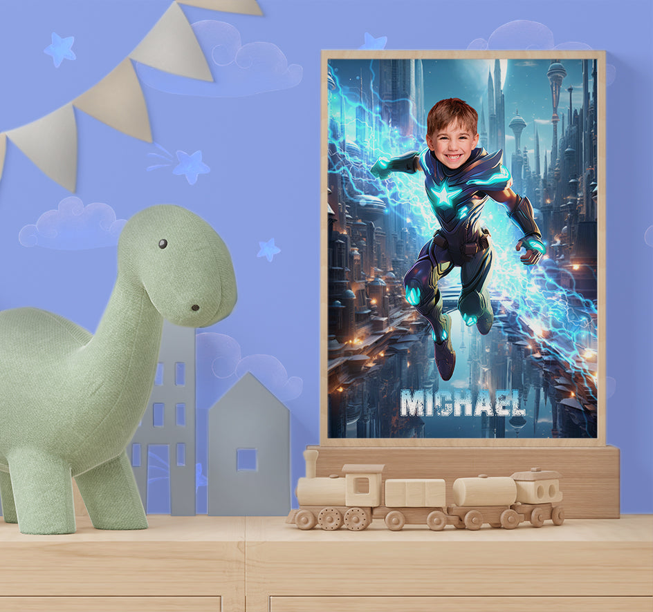 Personalize Poster Super Hero Boy with Face, Kids Superhero Photo Poster - Custamazegifts.com 