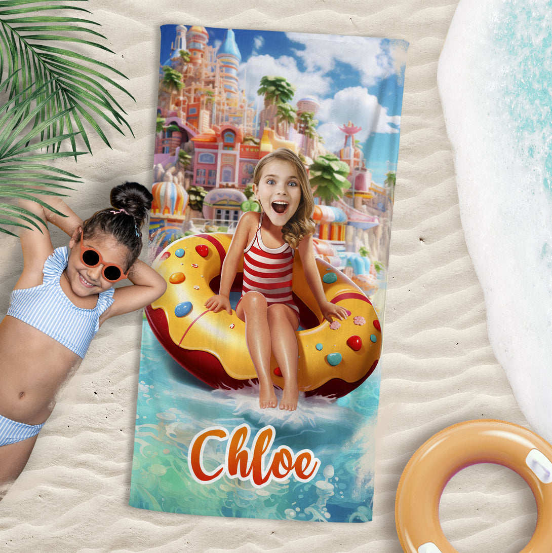 Customize Girl on Pool Float Beach Towel, Sea Ocean Pool Girls' Gift - Custamazegifts.com 