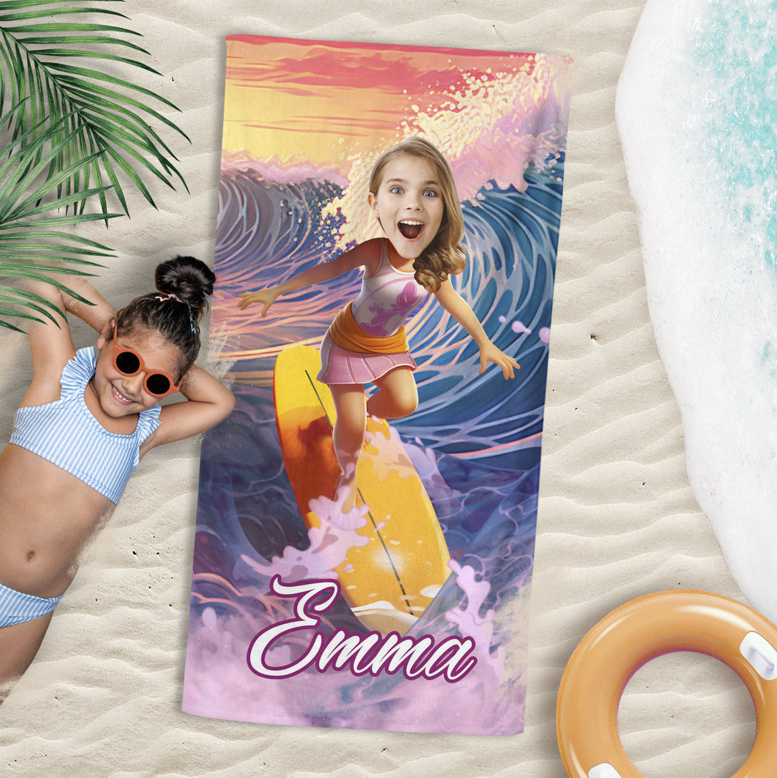 Surfer Girl Photo Face Beach Towel, Custom Beach Lover Gift - Custamazegifts.com 