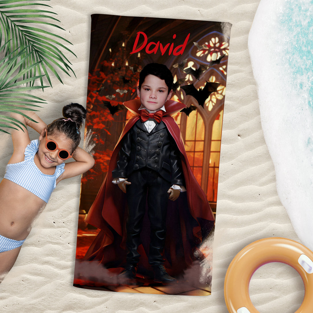 Custom Halloween Count Dracula Photo Boys Beach Towel, Your Face Horror Gift - Custamazegifts.com 