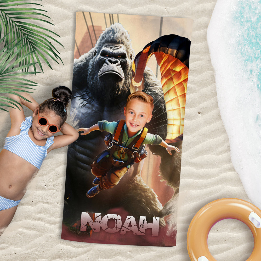 Custom Beach Photo Towel King Kong, Giant Monster Kids Monogrammed Towel - Custamazegifts.com 