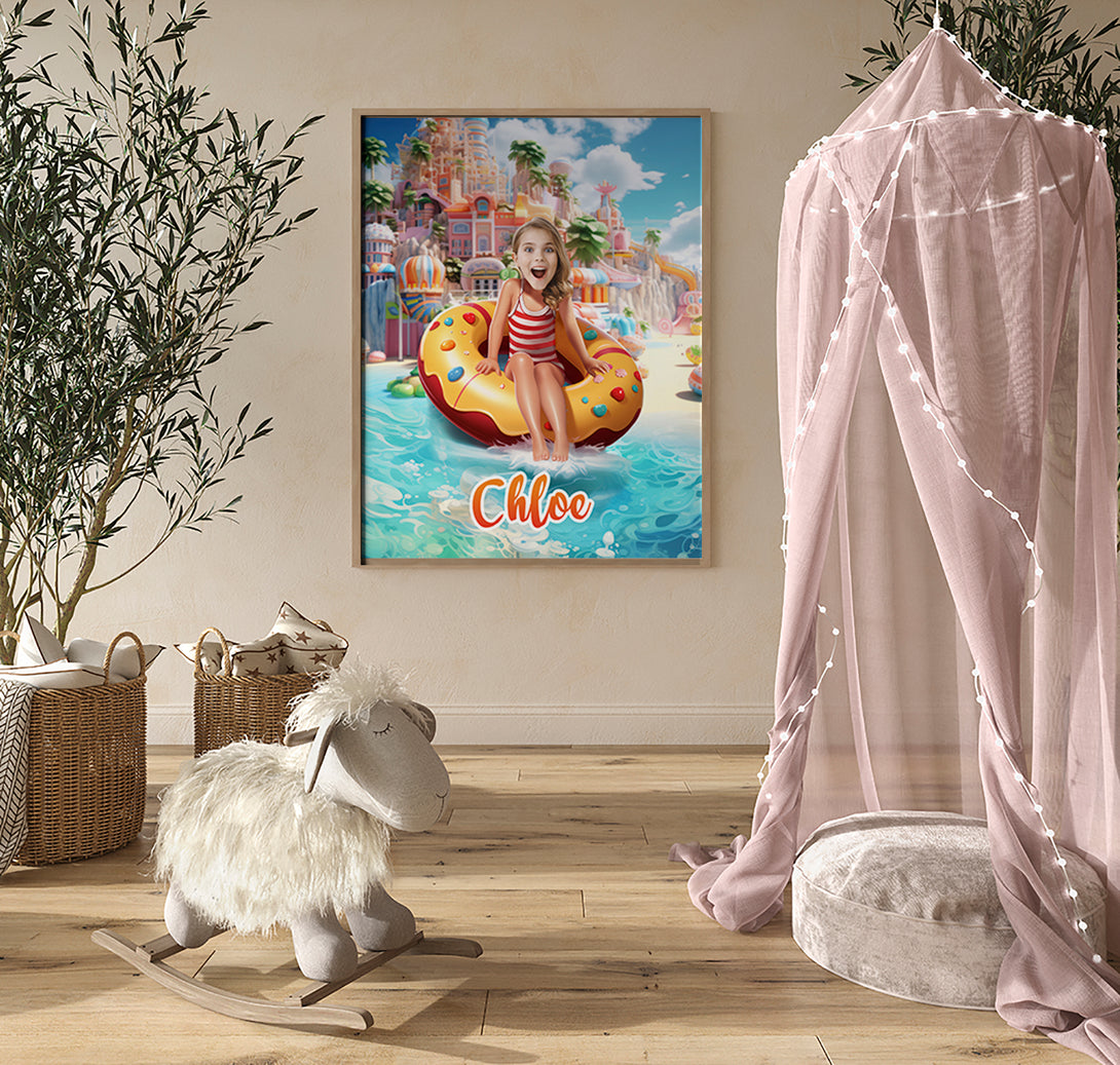 Custom Prints Kids Pool Float and Girl Poster Personalized Portrait Gift for Her - Custamazegifts.com 