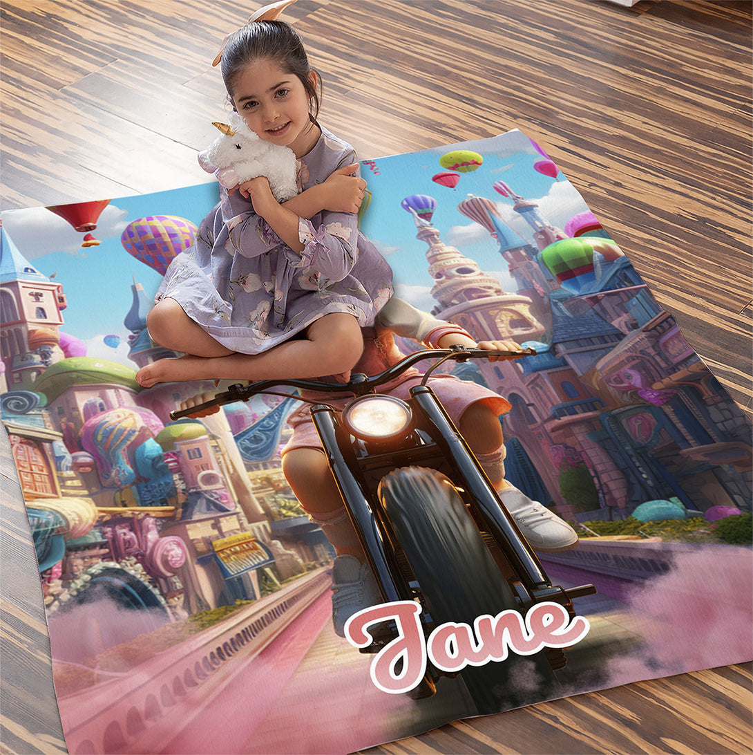 Princess Girl Riding a Motorcycle Personalized Blanket from Photo - Custamazegifts.com 