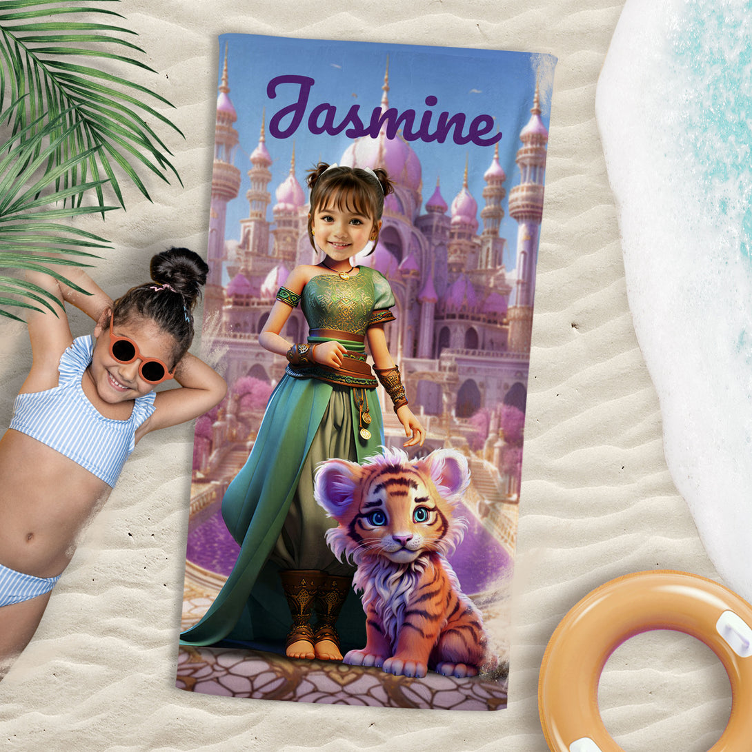 Personalized Princess Jasmine Girl Beach Towel, Aladdin Gift for Her - Custamazegifts.com 