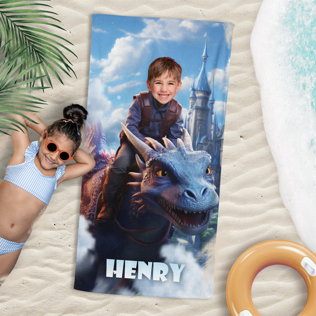 Personalized  Prince and Dragon Photo Beach Towel, Boys Customized Bath Towel Gift - Custamazegifts.com 