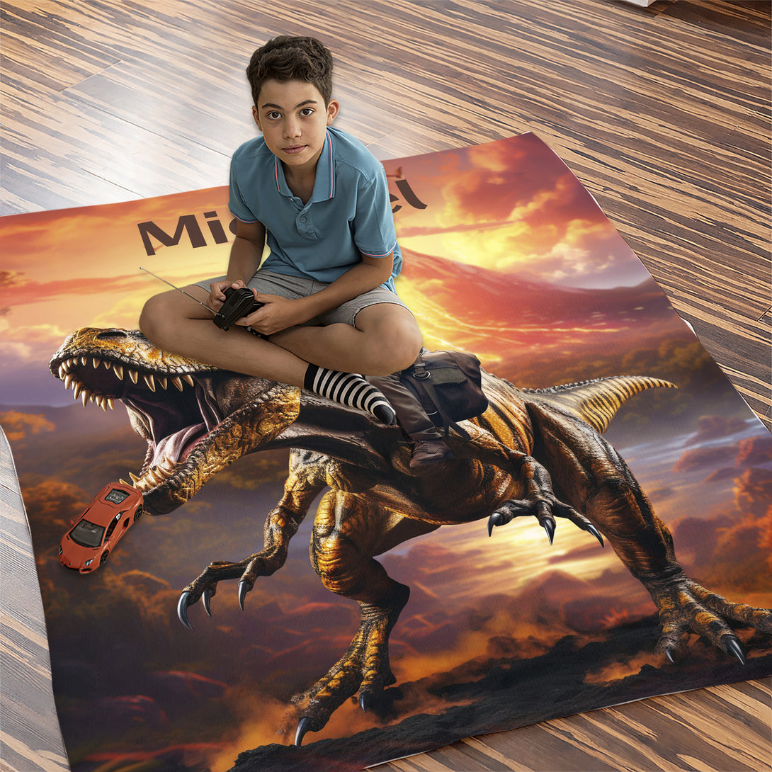 Blanket Child Riding T-Rex Dinosaur, Boys Room Picnic Jurassic Blanket - Custamazegifts.com 