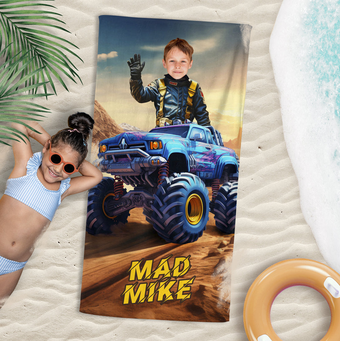 Custom Beach Towel Monster Truck Boy Face Beach Towel Gifts for Him - Custamazegifts.com 