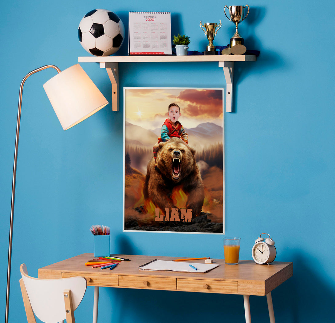 Custom Photo Poster Child Riding Bear, Gift for Animal Lover - Custamazegifts.com 