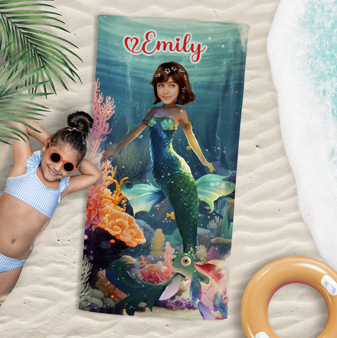 Mermaid Princess Girl Photo Face Beach Towel, Custom Kids Pool Party Gift - Custamazegifts.com 