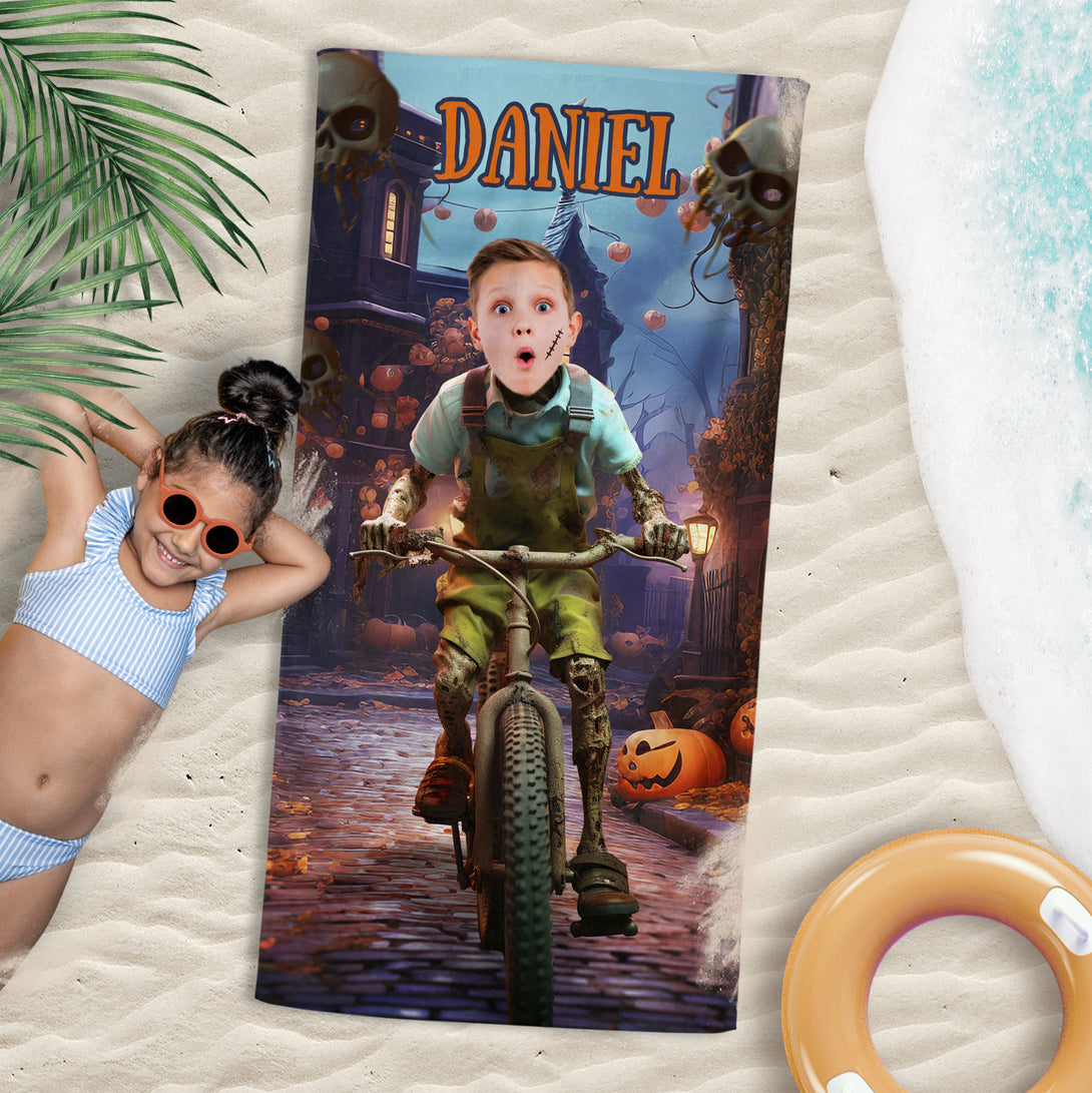 Halloween Zombie Personalized Photo Pool Towel, Spooky Monster Face Gift - Custamazegifts.com 