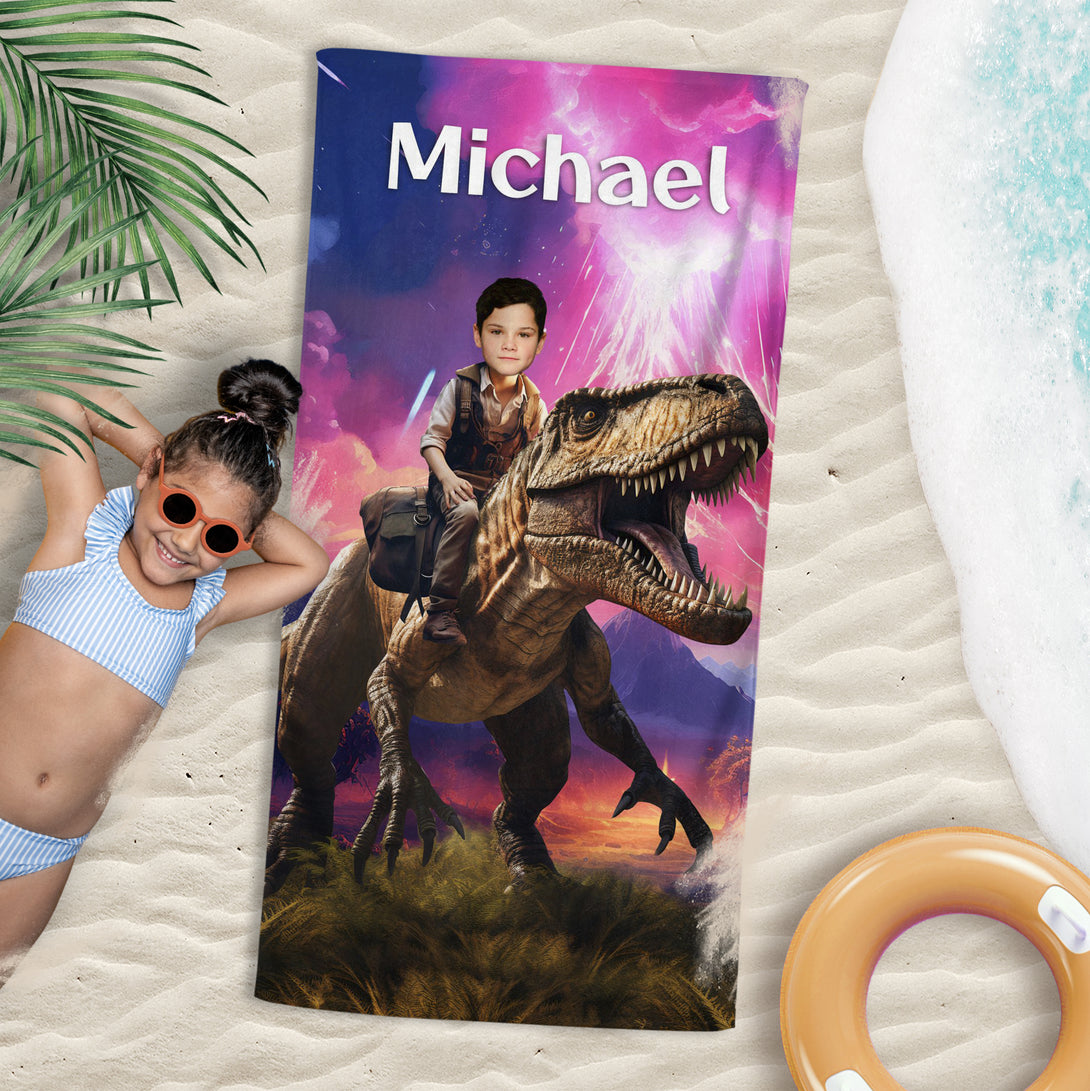 Personalized T-Rex Jurassic Photo Beach Towel, Boys Dinosaur Towel Gift - Custamazegifts.com 