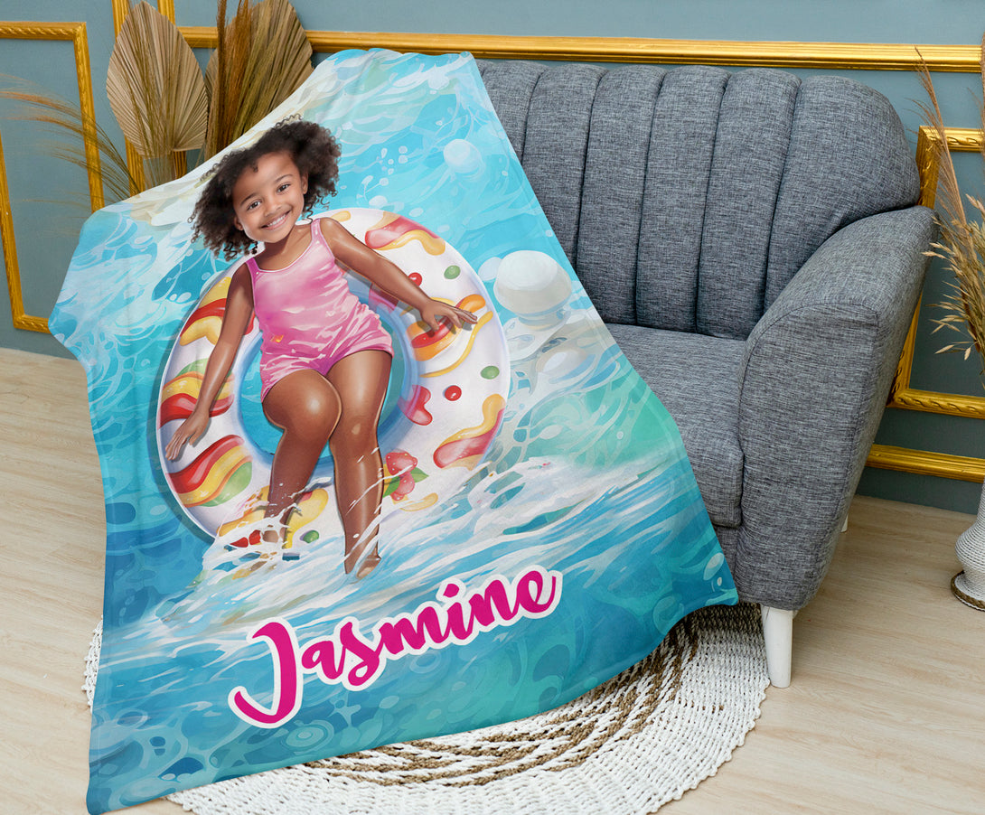 Customized Pool Float and Girl Photo Blanket, Personalized Picnic Kids Blankets - Custamazegifts.com 