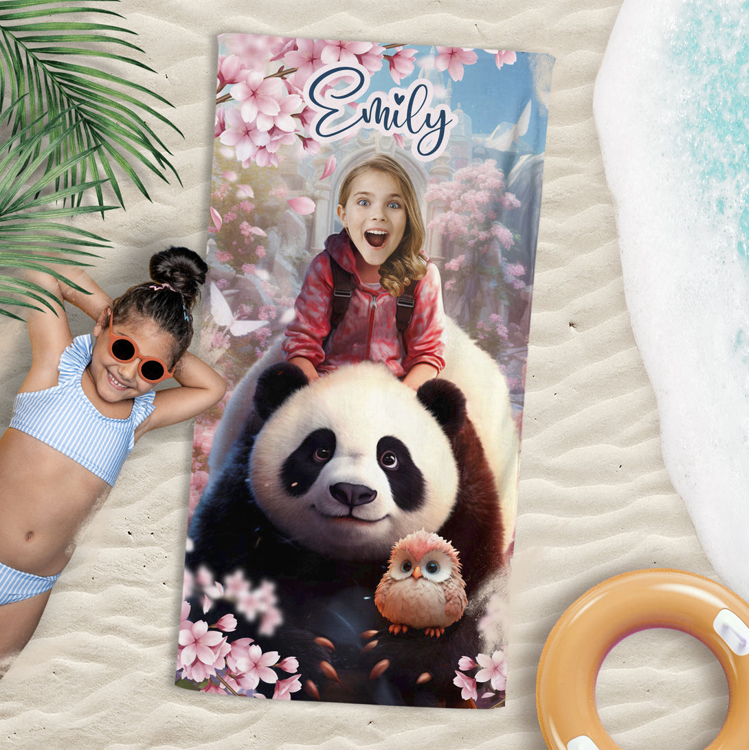 Customized Panda Lover Bath Towel, Personalized Girl and Panda Beach Towel - Custamazegifts.com 