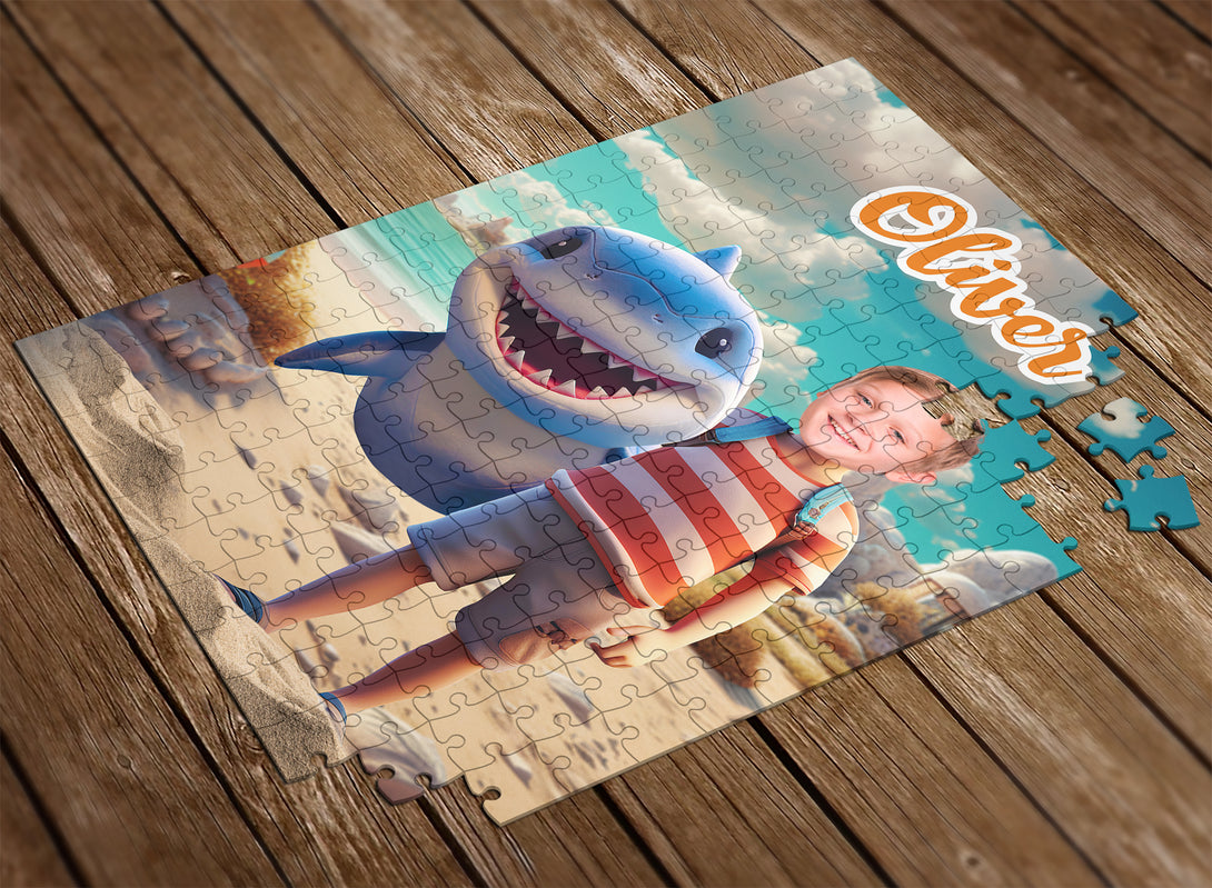 Shark and Boy Photo Puzzle, Custom Face Jigsaw Puzzles for Kids - Custamazegifts.com 