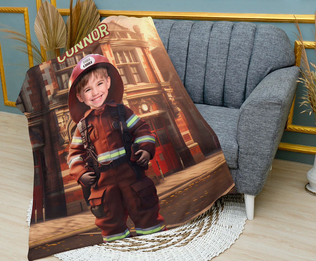 Custom Boy Firefighter Photo Blankets, Kids Personalized Blanket - Custamazegifts.com 