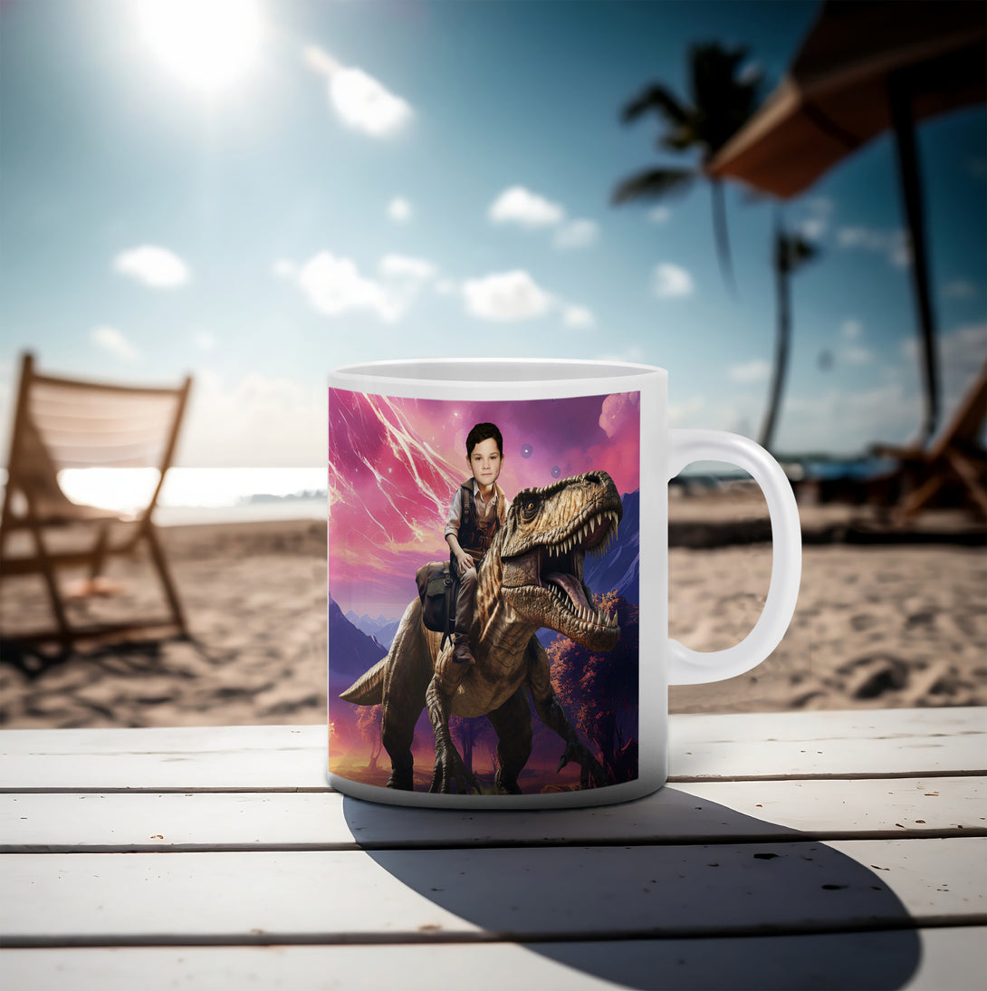 Customized Photo Mug Child Riding Dinosaur, T-Rex Jurassic Gifts for Kids - Custamazegifts.com 