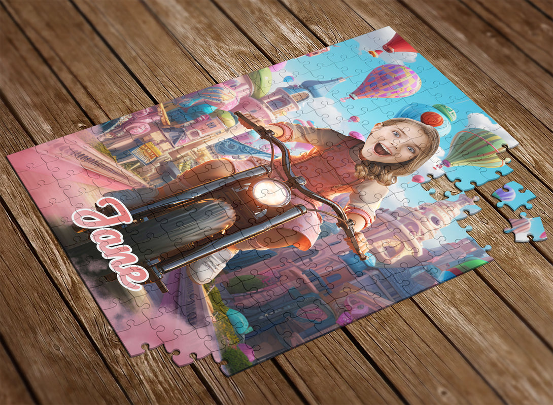 Girl Riding a Bike Fairytale Jigsaw Puzzles, Custom Photo Gift for Her - Custamazegifts.com 