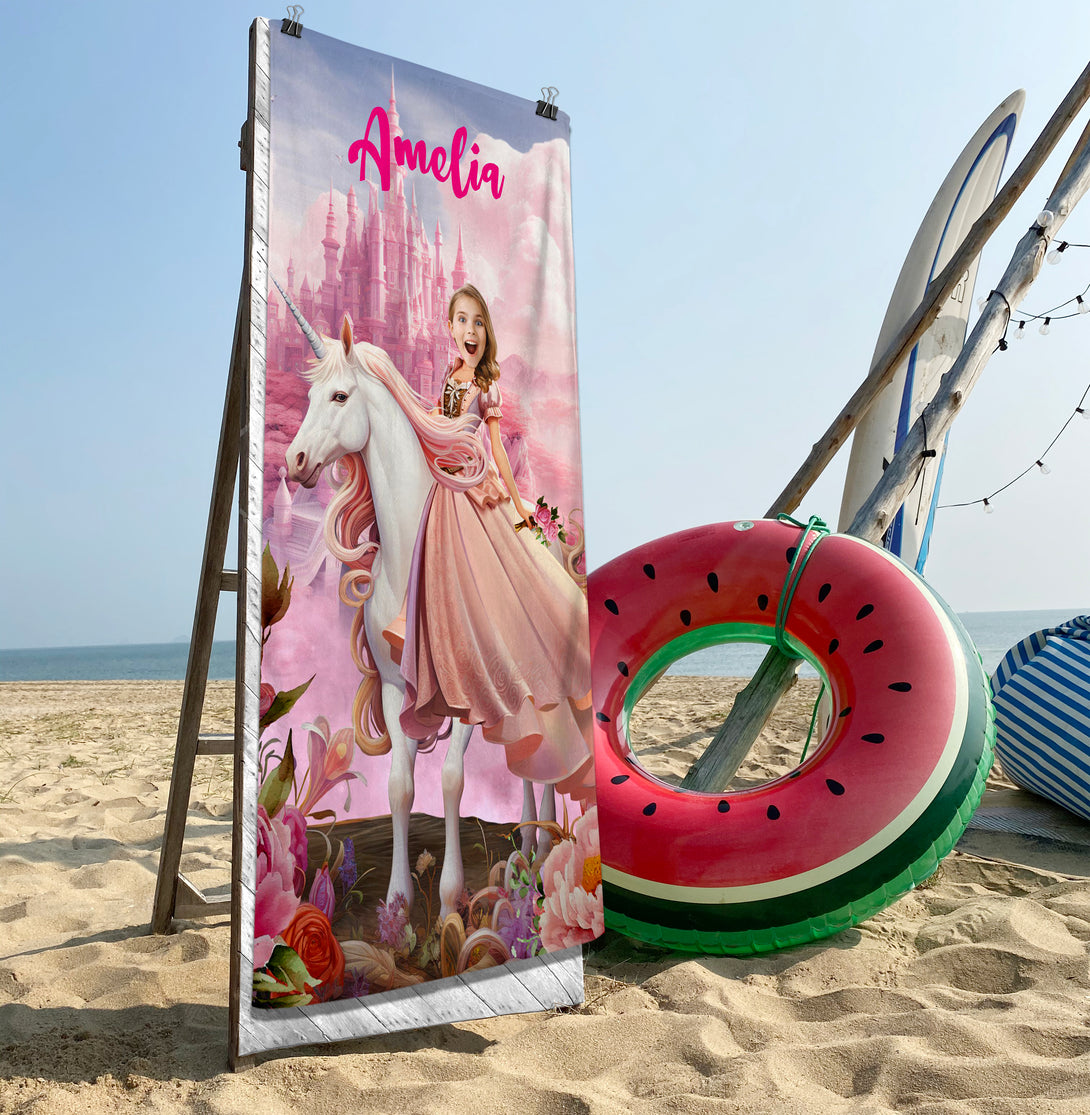 Photo Beach Unicorn Princess Towel, Girls Personalized Towels with Fairytale Print - Custamazegifts.com 