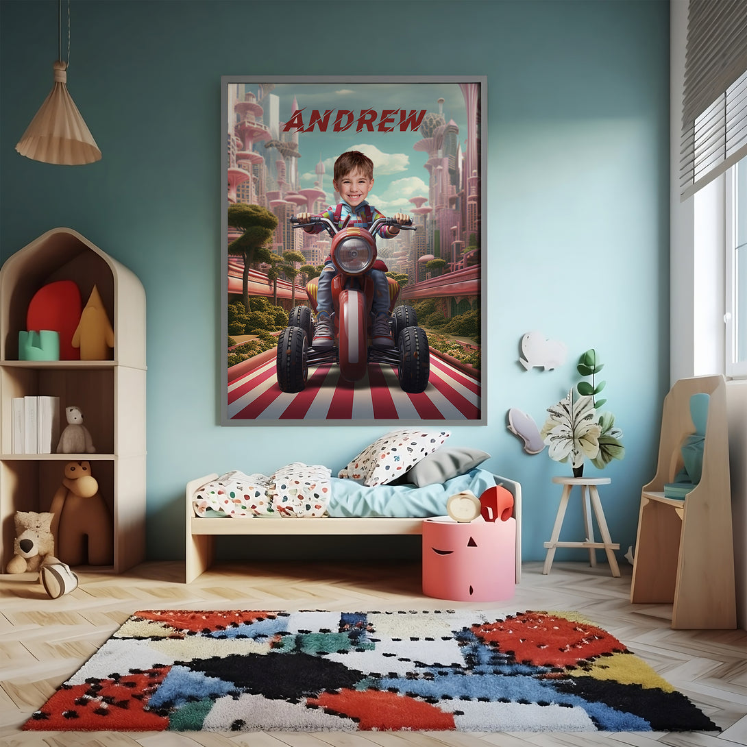 Personalized Poster with Face Quad Biker Boy, Kids Custom Face Photo Poster - Custamazegifts.com 