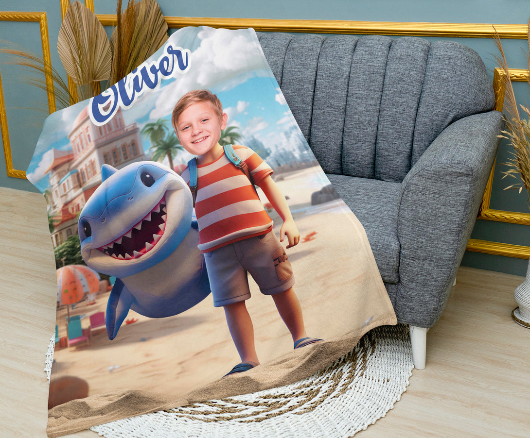 Personalized Shark and Boy Photo Face Blanket - Custamazegifts.com 