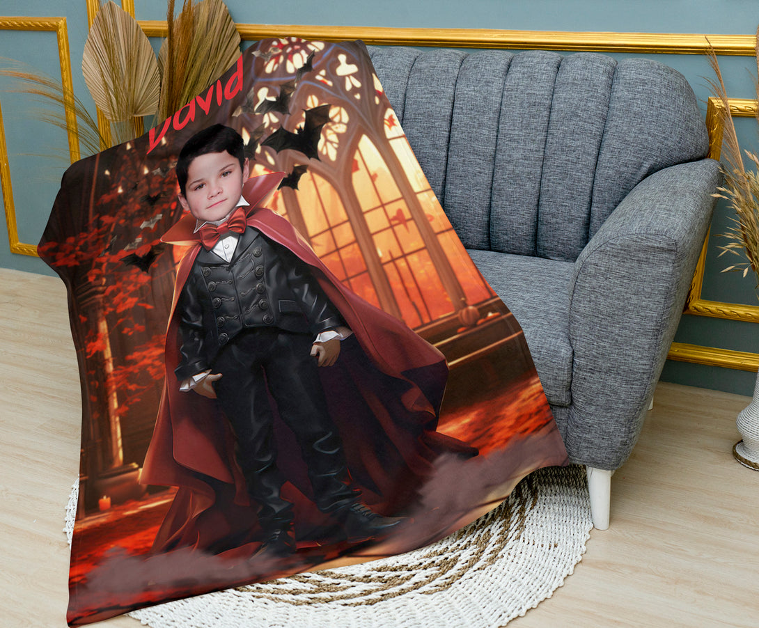 Boy Halloween Gift Personalized Photo Blanket, Custom Dracula Vampire Blanket - Custamazegifts.com 