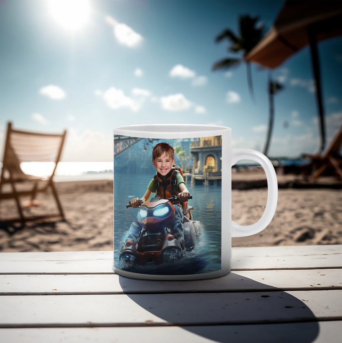 Personalized Jet Ski Mug with Face, Kids Jet Skiing Gifts Photo Cup - Custamazegifts.com 