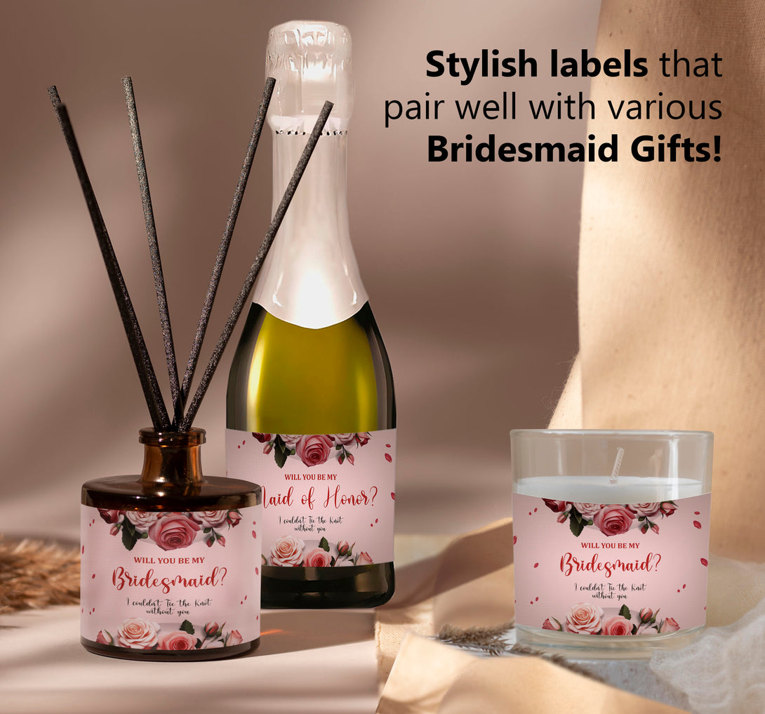 Pink Rose Bridesmaid Proposal Bottle Labels Set of 10 for Champagne Wine - Custamazegifts.com 