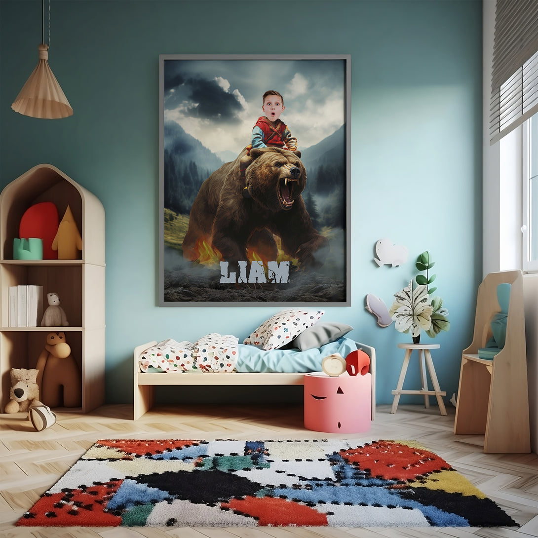 Custom Photo Poster Child Riding Bear, Gift for Animal Lover - Custamazegifts.com 