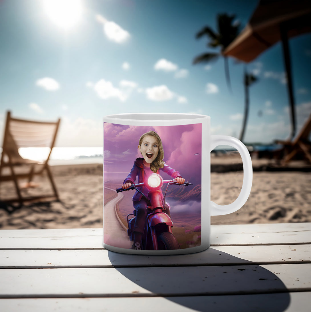 Cartoon Mug Girl Ride Bike, Kids Custom Face Gift, Personalized Girls Gifts - Custamazegifts.com 