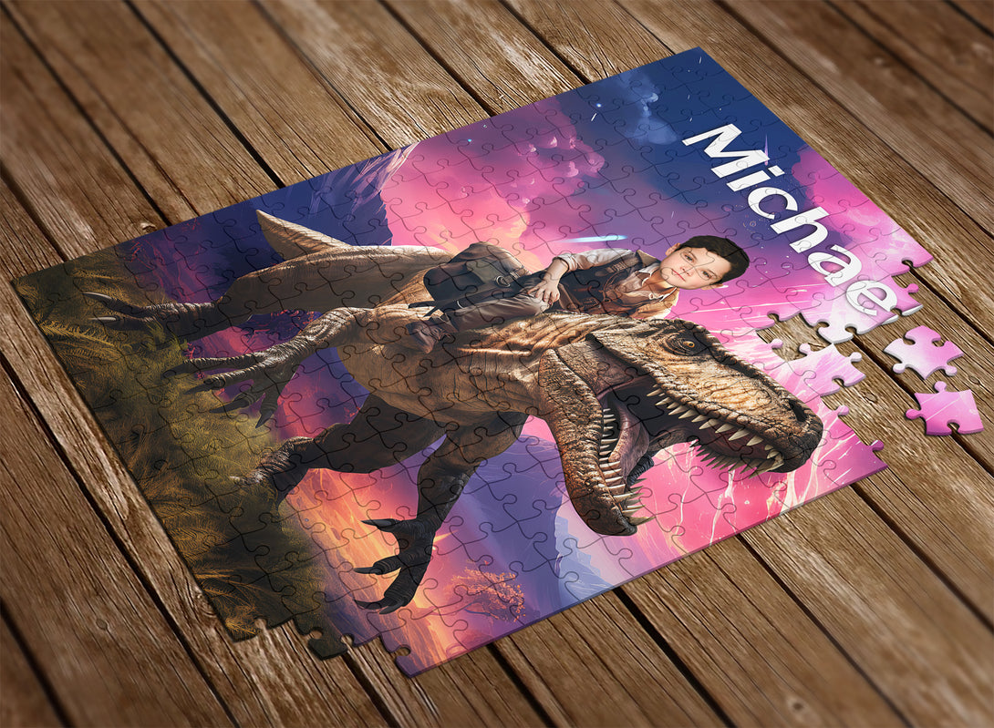 T-Rex Jurassic Dinosaur Kids Face on Puzzle, Boys Photo Keepsake Gift - Custamazegifts.com 