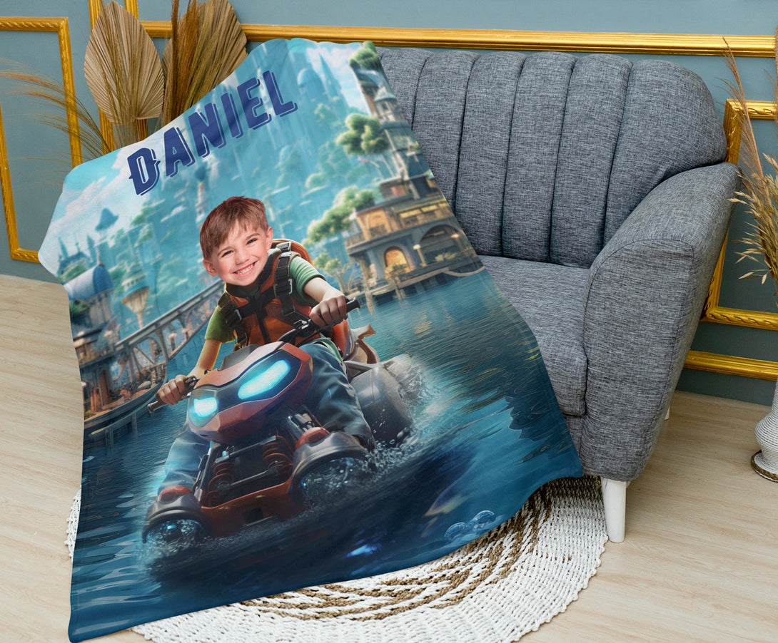 Personalized Boys Room Blanket, Custom Boy on Jet Ski Picture Blanket - Custamazegifts.com 