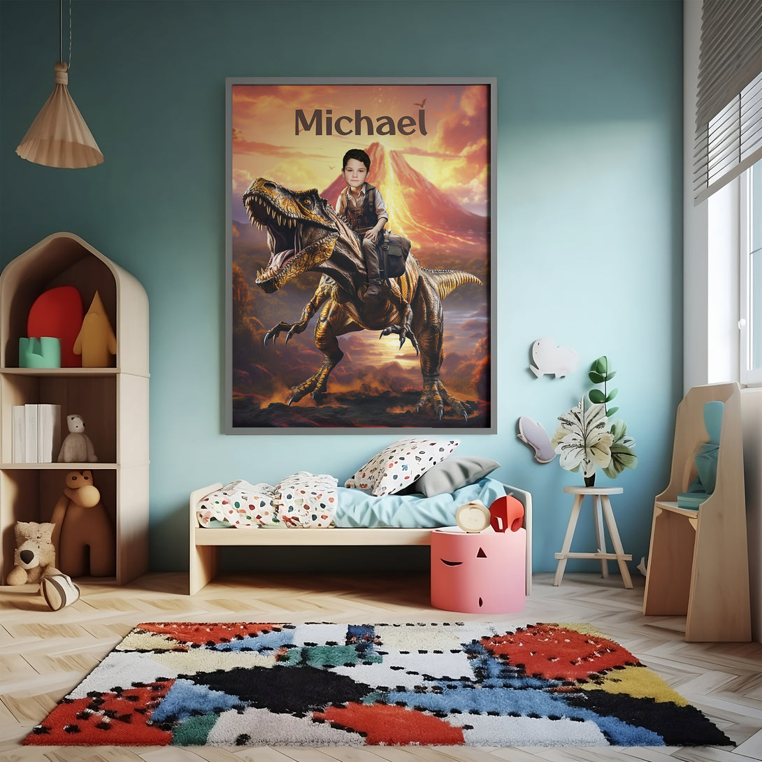 Custom Photo Poster Child Riding Dinosaur, T-Rex Jurassic Dinosaur Art - Custamazegifts.com 