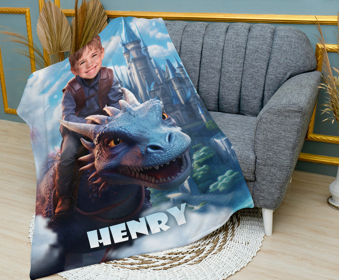 Boy Knight on the Dragon Personalized Blanket with Your Face - Custamazegifts.com 