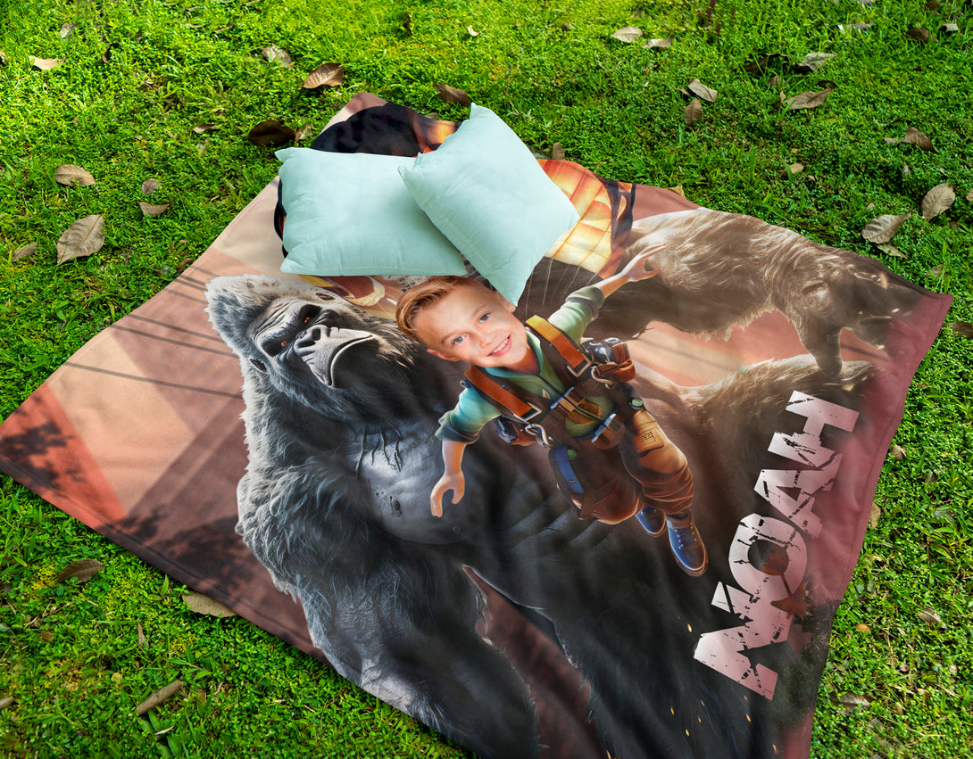 Personalized Blanket King Kong Kids Custom Face, Boys Bed Room Blanket - Custamazegifts.com 