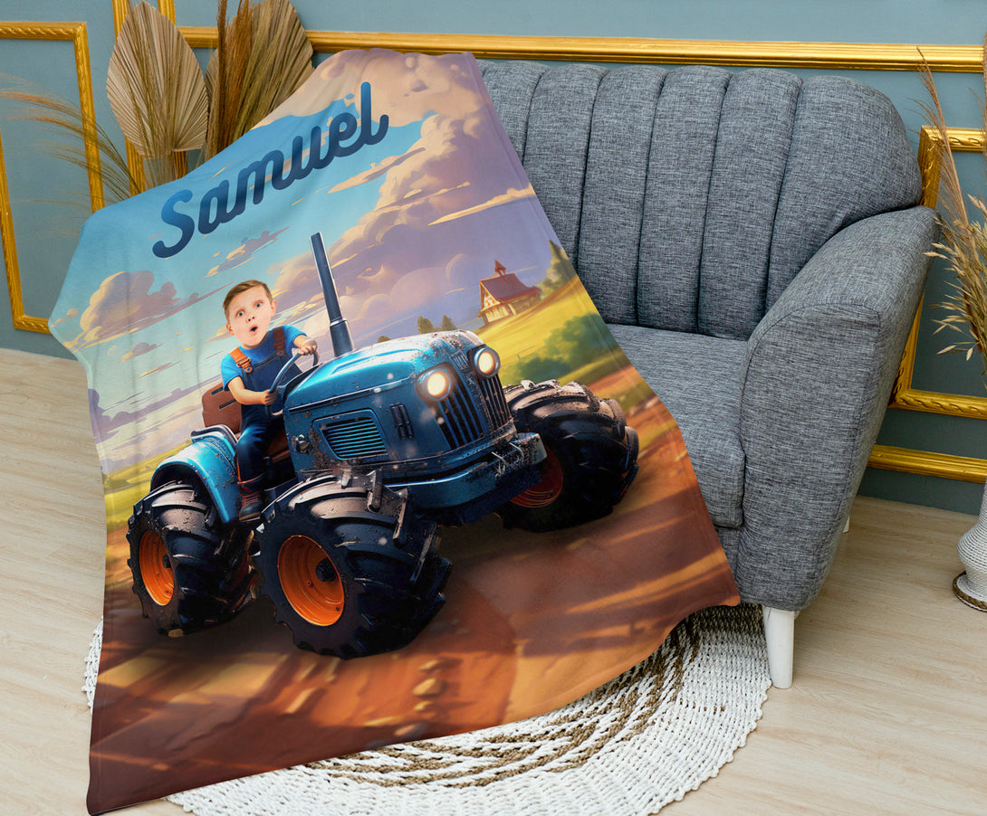 Custom Little Farmer Kids Name Blanket, Boy on Tractor Gift - Custamazegifts.com 