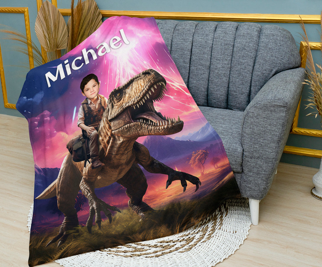 Blanket Child Riding T-Rex Dinosaur, Boys Room Picnic Jurassic Blanket - Custamazegifts.com 