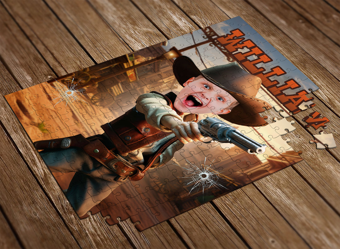 Custom Puzzle Western Boys Photo Name Gifts, Cowboy Photo Gift - Custamazegifts.com 