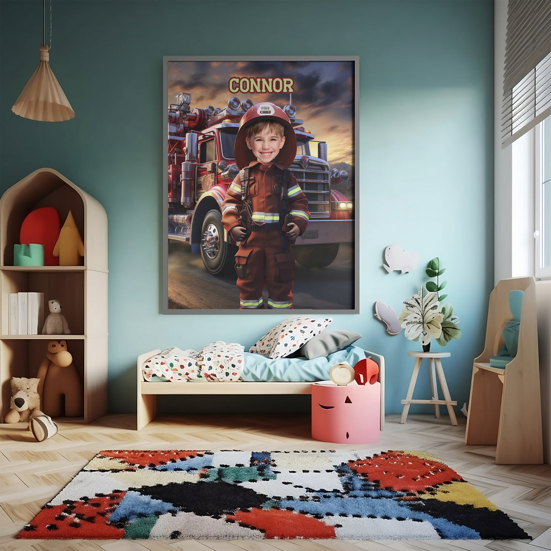 Custom Firefighter Boys Print Poster Wall Art, Digital Kids Portrait - Custamazegifts.com 