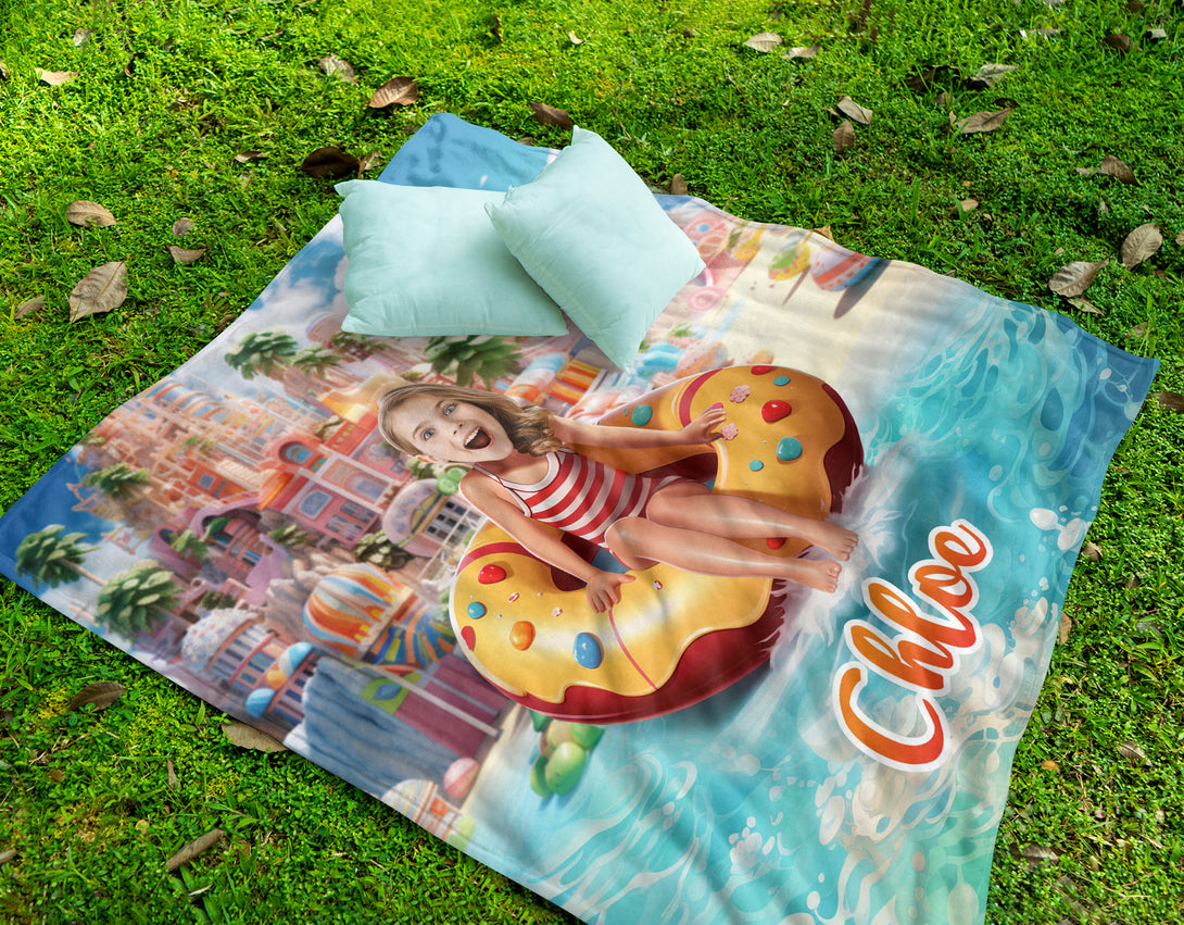 Customized Pool Float and Girl Photo Blanket, Personalized Picnic Kids Blankets - Custamazegifts.com 