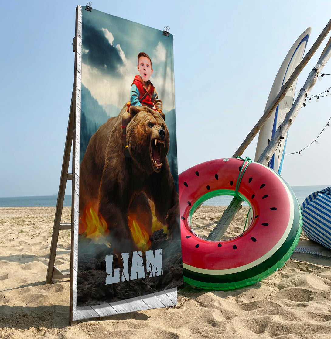 Boys Face Beach Towel, Child Riding Bear Gift for Animal Lover - Custamazegifts.com 