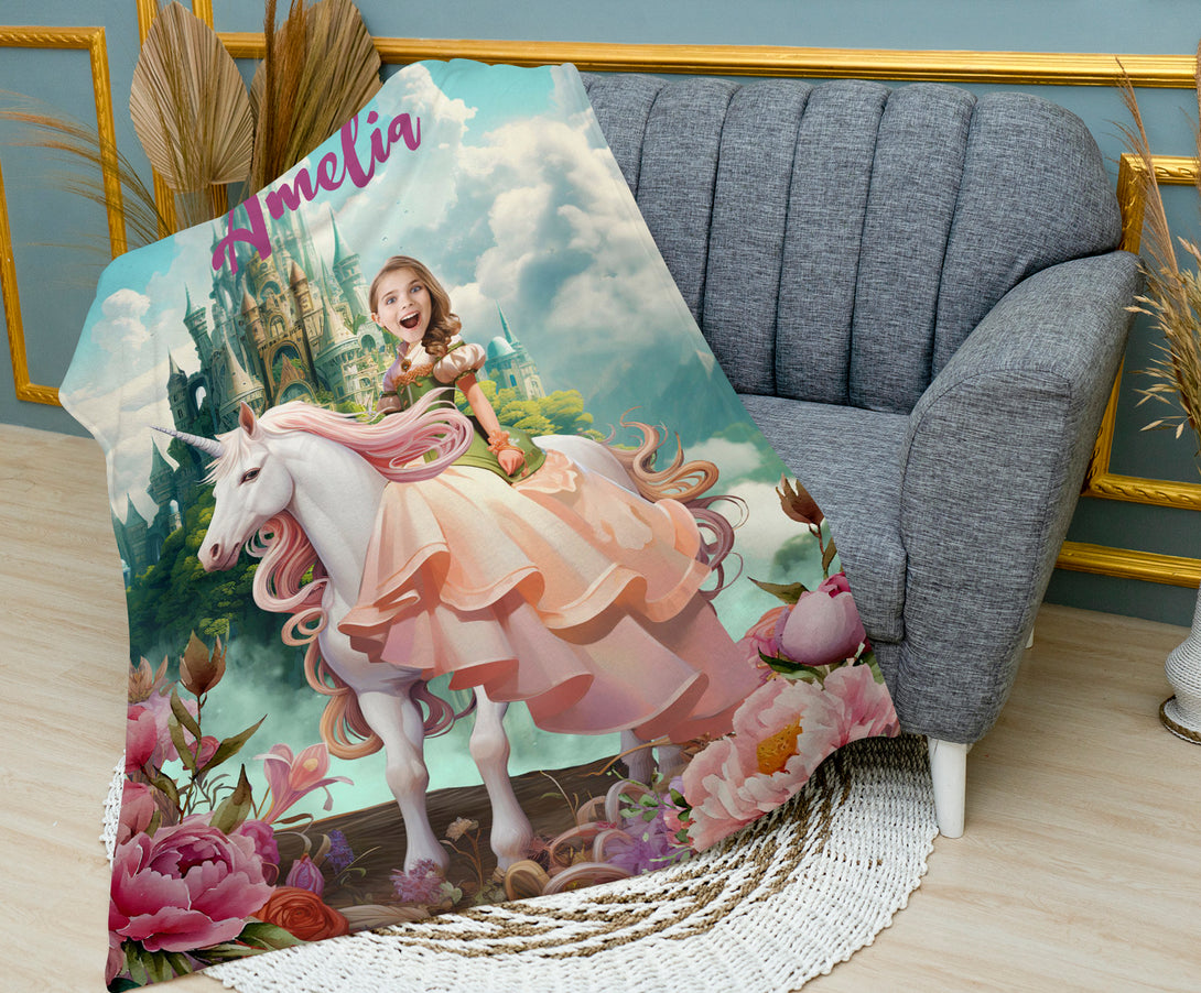 Custom Unicorn Princess Photo Blanket For Girls, Personalized Name Blanket - Custamazegifts.com 