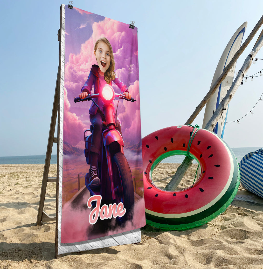 Girl ride bike Photo Face Beach Towel, Custom Gifts for Her - Custamazegifts.com 