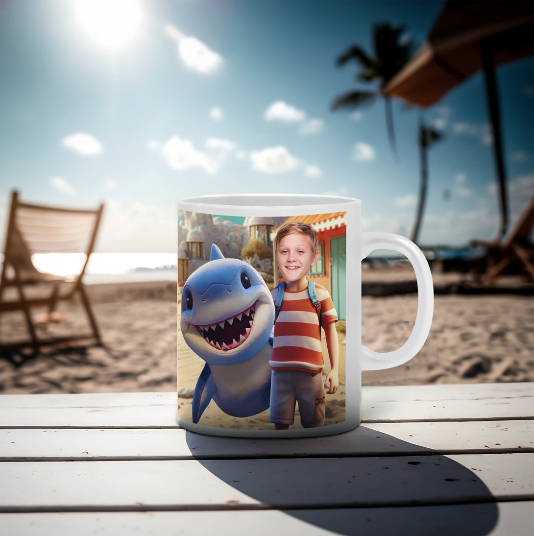 Shark and Boy Face Custom Tea Mug, Personalize Boys Photo Mug - Custamazegifts.com 