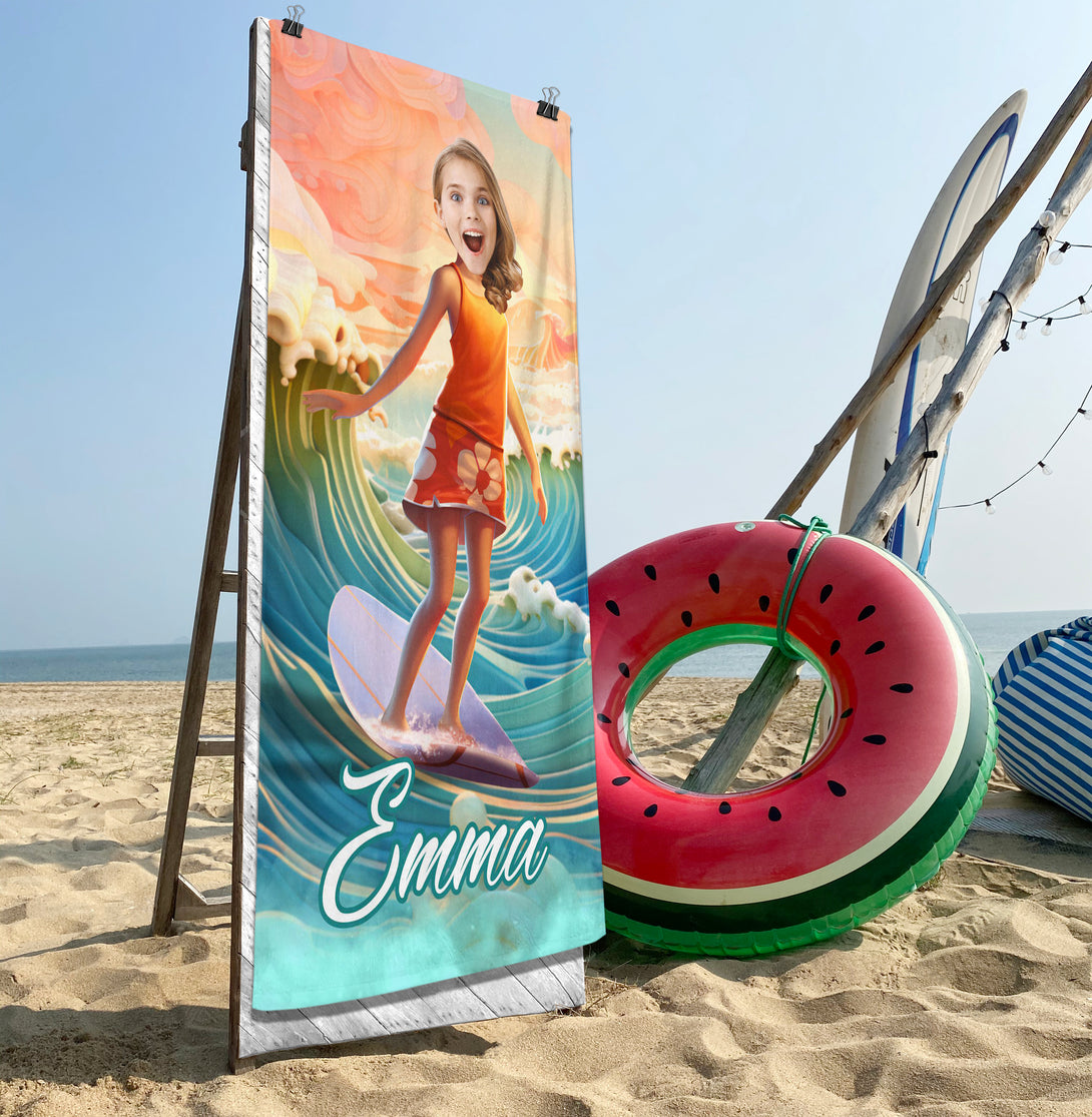 Surfer Girl Photo Face Beach Towel, Custom Beach Lover Gift - Custamazegifts.com 