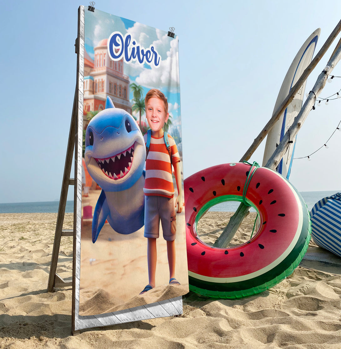 Shark and Boy Personalized Face Pool Bath Towel - Custamazegifts.com 