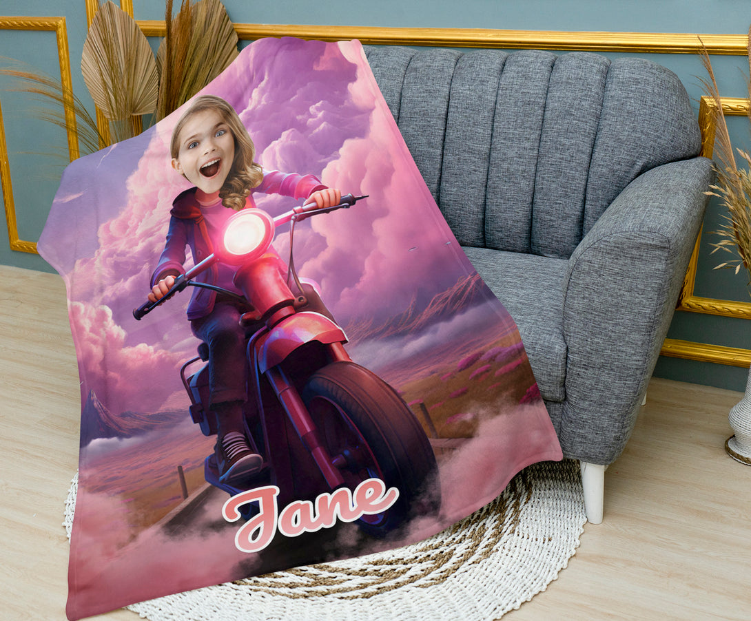 Princess Girl Riding a Motorcycle Personalized Blanket from Photo - Custamazegifts.com 