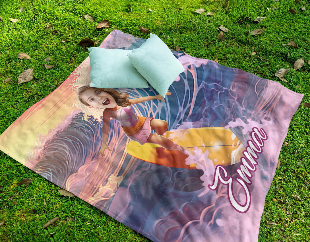 Surfing Girl Personalized Blanket from Photo, Surf Themed Birthday Gifts for Her - Custamazegifts.com 